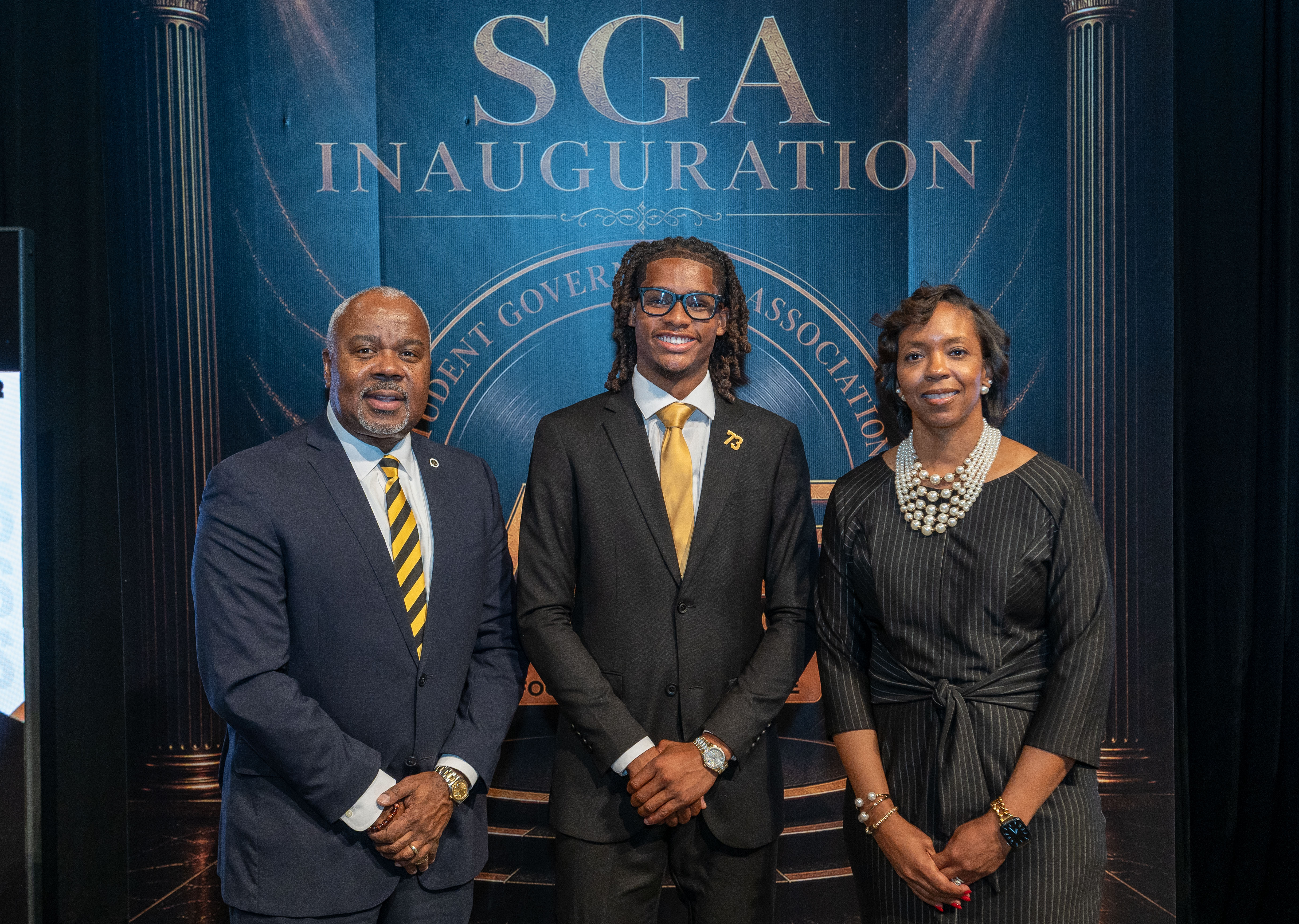 President Ross, Myles, and Dr. Swoope at the 73 SGA Inauguration
